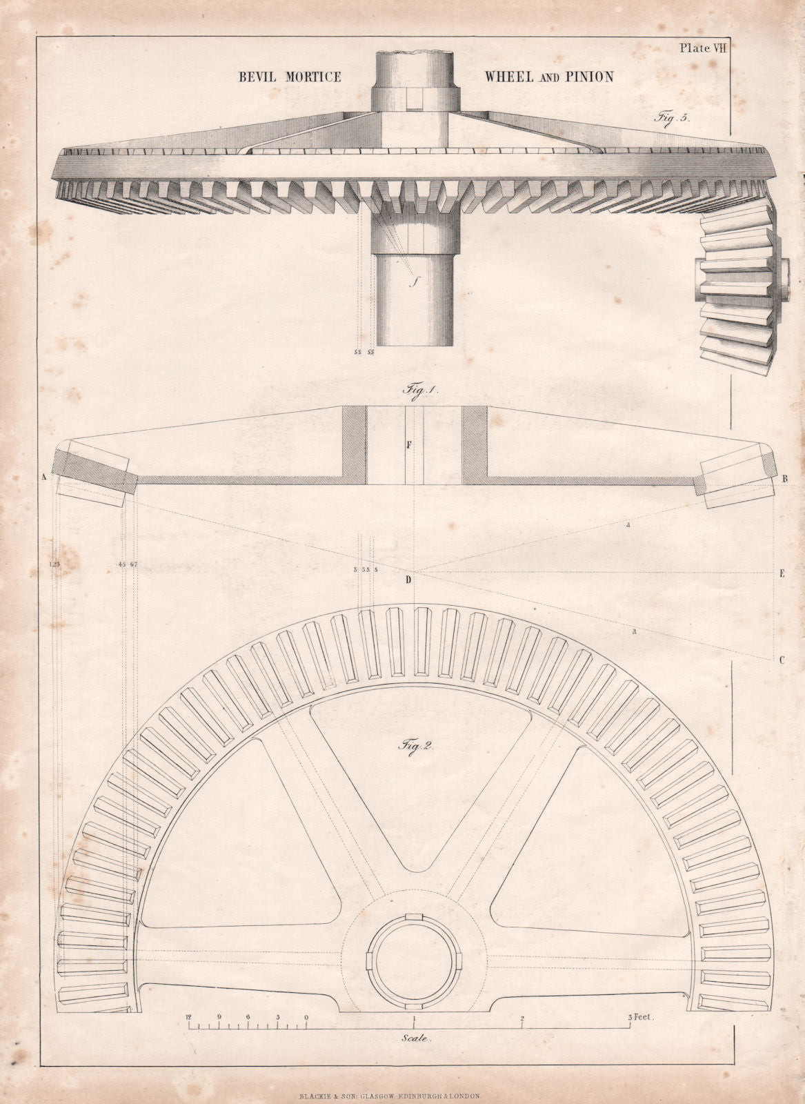 VICTORIAN ENGINEERING DRAWING. Bevil mortice wheel and pinion 1847 old print